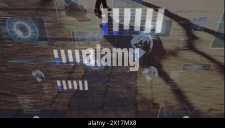 Image of radars, globes, graphs, computer language over low section of people walking on street Stock Photo