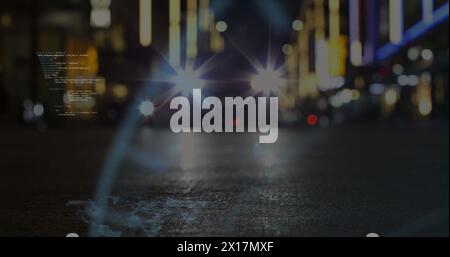 Image of round scanners and data processing against city traffic at night Stock Photo