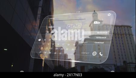 Image of digital interface with data processing over cityscape Stock Photo