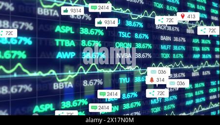 Image of multiple notification bars, trading board and graph over abstract background Stock Photo