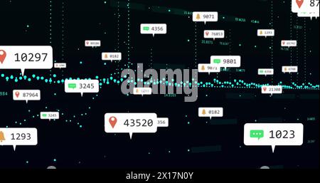 Image of multiple notification bars, changing numbers and graphs over black background Stock Photo