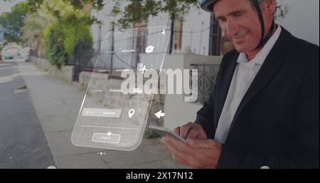 Image of digital interface with data processing over caucasian man using smartphone on bike Stock Photo