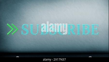 Image of subscribe text sparkling in blue with a green sparkling arrow against a blue blurred backgr Stock Photo