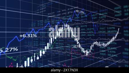 Image of financial data processing on black background Stock Photo
