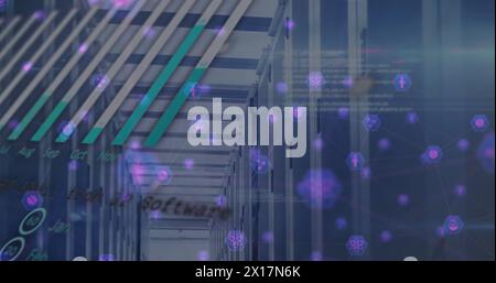 Image of globe and charts processing data over server room Stock Photo