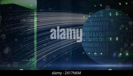 Image of globe of binary coding transferring data streams over dark computer server room Stock Photo