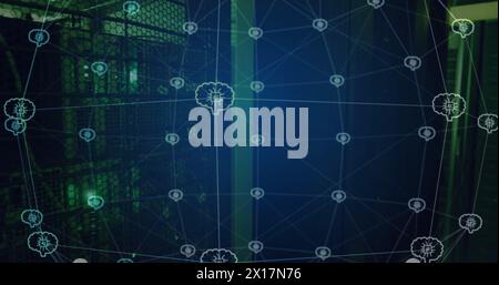 Image of grid network of ai brain icons rotating over dark computer server room Stock Photo