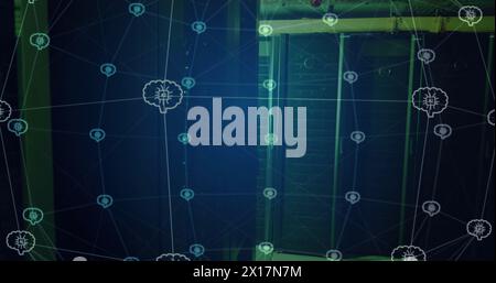Image of grid network of ai brain icons rotating over dark computer server room Stock Photo