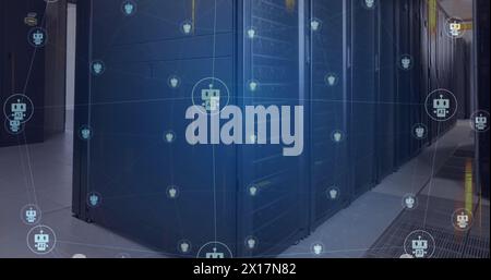 Image of ai chatbot icons and glowing data streams over computer server room Stock Photo