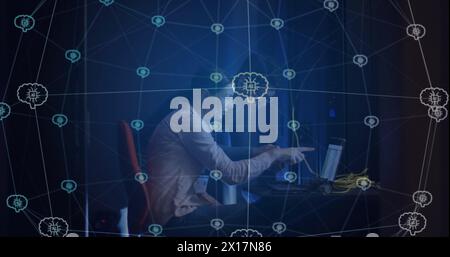 Image of ai brains over caucasian female technician working with computer in server room Stock Photo