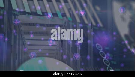 Image of globe and charts processing data over server room Stock Photo
