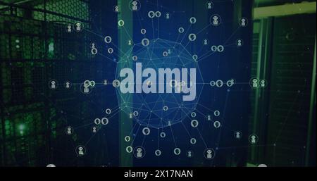 Image of global network of ai chatbot icons transferring data over dark computer server room Stock Photo