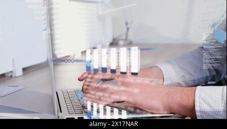 Image of graphs, globes, soundwaves and globes over caucasian man working on laptop Stock Photo