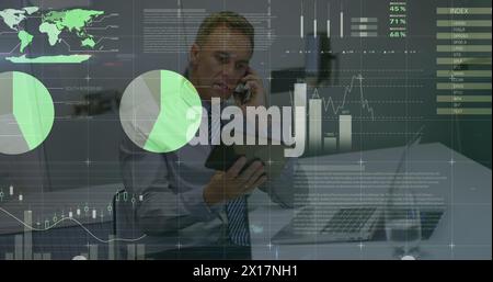 Image of statistical data processing over caucasian senior businessman talking on smartphone Stock Photo
