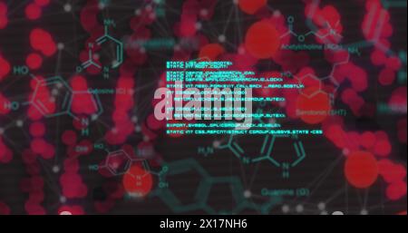 Image of dna strand spinning over chemical structures and data processing Stock Photo