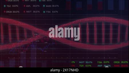 Image of data processing over red dna strand Stock Photo
