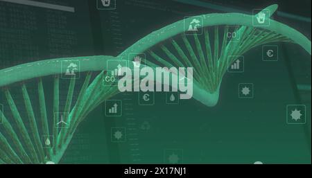 Image of dna strand spinning over ecology digital icons Stock Photo