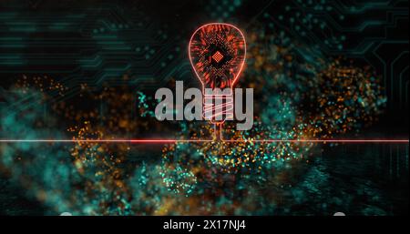 Image of light spots over light bulb icon with computer circuit board on black background Stock Photo