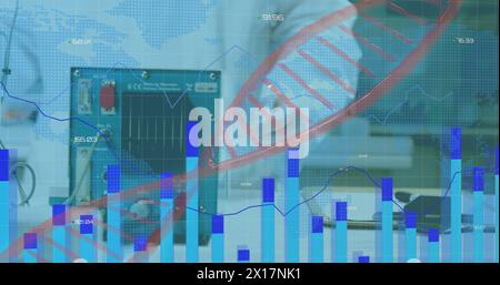Image of data processing and dna strand over caucasian doctor in lab Stock Photo
