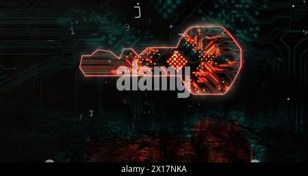 Image of key with integrated circuit and digital padlock on black background Stock Photo