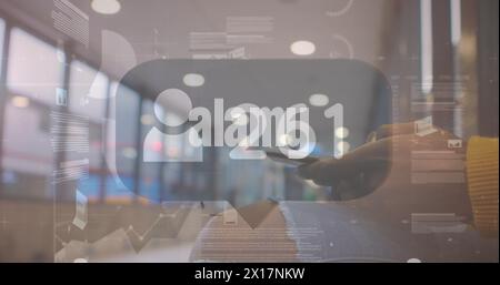 Digital interface with data processing against businessman and businessman working in office Stock Photo