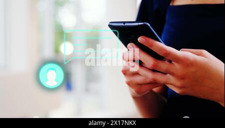 Image of social media icons over caucasian man wearing vr headset Stock Photo