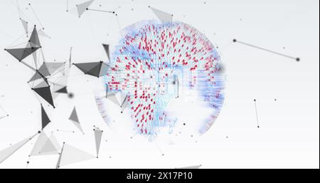 Image of spinning globe and plexus networks against grey gradient background Stock Photo