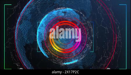 Image of network of connections and scope scanning over spinning globe on blue background Stock Photo