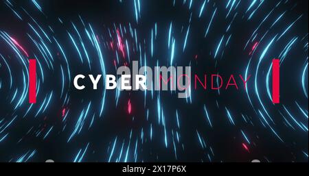 Image of cyber monday text banner over glowing light trails spinning against black background Stock Photo
