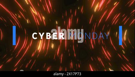 Image of cyber monday text banner over red light trails spinning against black background Stock Photo