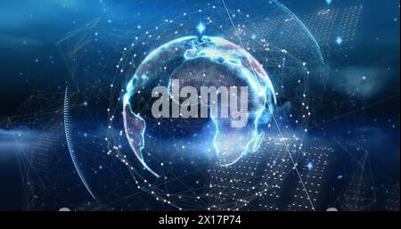 Image of binary coding and light trails over spinning globe against blue background Stock Photo