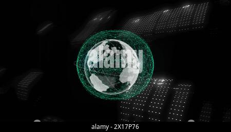 Image of binary coding and network of connections over spinning globe against black background Stock Photo