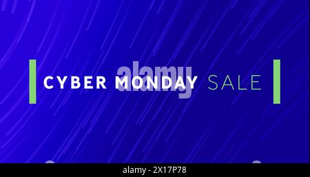 Image of cyber monday sale text banner over light trails falling against blue background Stock Photo
