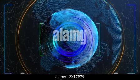Image of network of connections and scope scanning over spinning globe on blue background Stock Photo