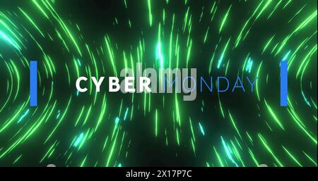 Image of cyber monday text banner over green light trails spinning against black background Stock Photo