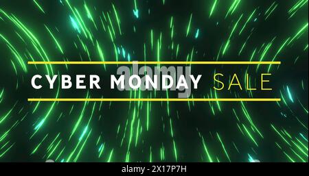 Image of cyber monday sale text banner over green light trails spinning against black background Stock Photo