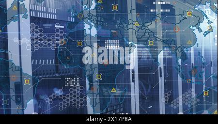 Image of map and circuit board pattern over lens flares on server racks in server room Stock Photo