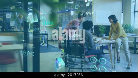 Image of infographic interface moving over multiracial colleagues discussing report at desk Stock Photo