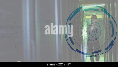Image of fingerprint scanner over caucasian female engineer using tablet working at server room Stock Photo