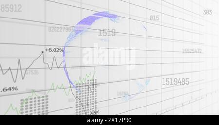 Image of red circle with financial data processing over white background Stock Photo