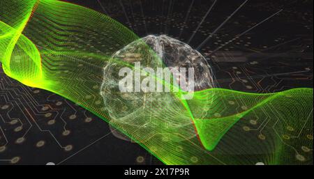 Image of green digital wave over spinning human brain against microprocessor connections Stock Photo