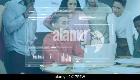 Image of loading bars, globe, graph over diverse manager explaining over laptop to colleagues Stock Photo