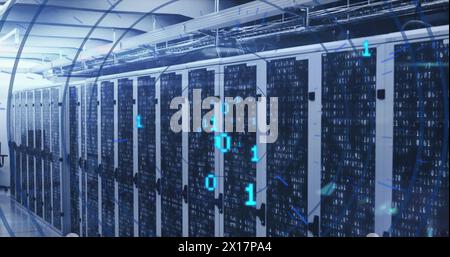 Image of looping binary codes in circular tunnel over bars on server racks in server room Stock Photo