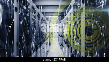 Image of loading circles and connected dots on server racks of server room Stock Photo