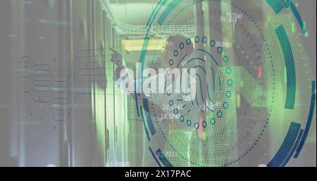 Image of fingerprint scanner over asian male engineer using tablet working at server room Stock Photo