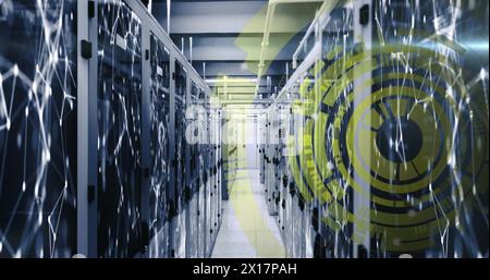 Image of loading circles and connected dots on server racks of server room Stock Photo