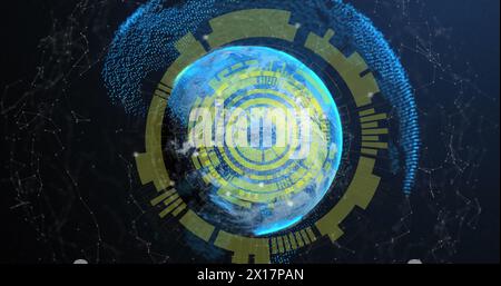 Image of round scanners and network of connections over spinning globe against blue background Stock Photo