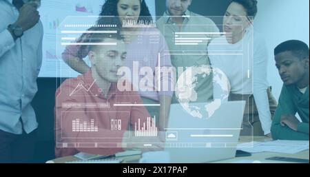 Image of loading bars, globe, graph over diverse manager explaining over laptop to colleagues Stock Photo