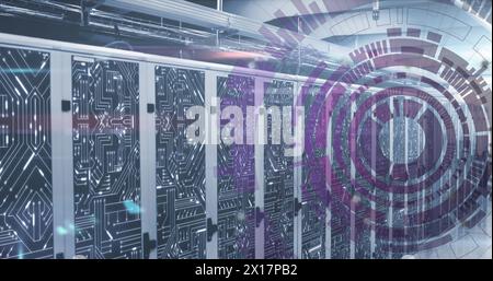 Image of loading circles over circuit board pattern on server racks in server room Stock Photo