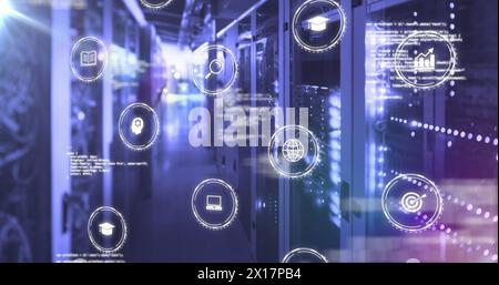 Image of data processing, light spot and multiple digital icons falling against server room Stock Photo